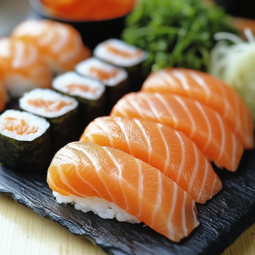 A close-up shot showcases a delectable arrangement of sushi.  In the foreground, several nigiri pieces, each topped with a vibrant slice of salmon, are prominently displayed.  Behind them, a selection of maki rolls are visible, suggesting a diverse and appetizing sushi platter.  The overall presentation emphasizes the freshness and quality of the ingredients.