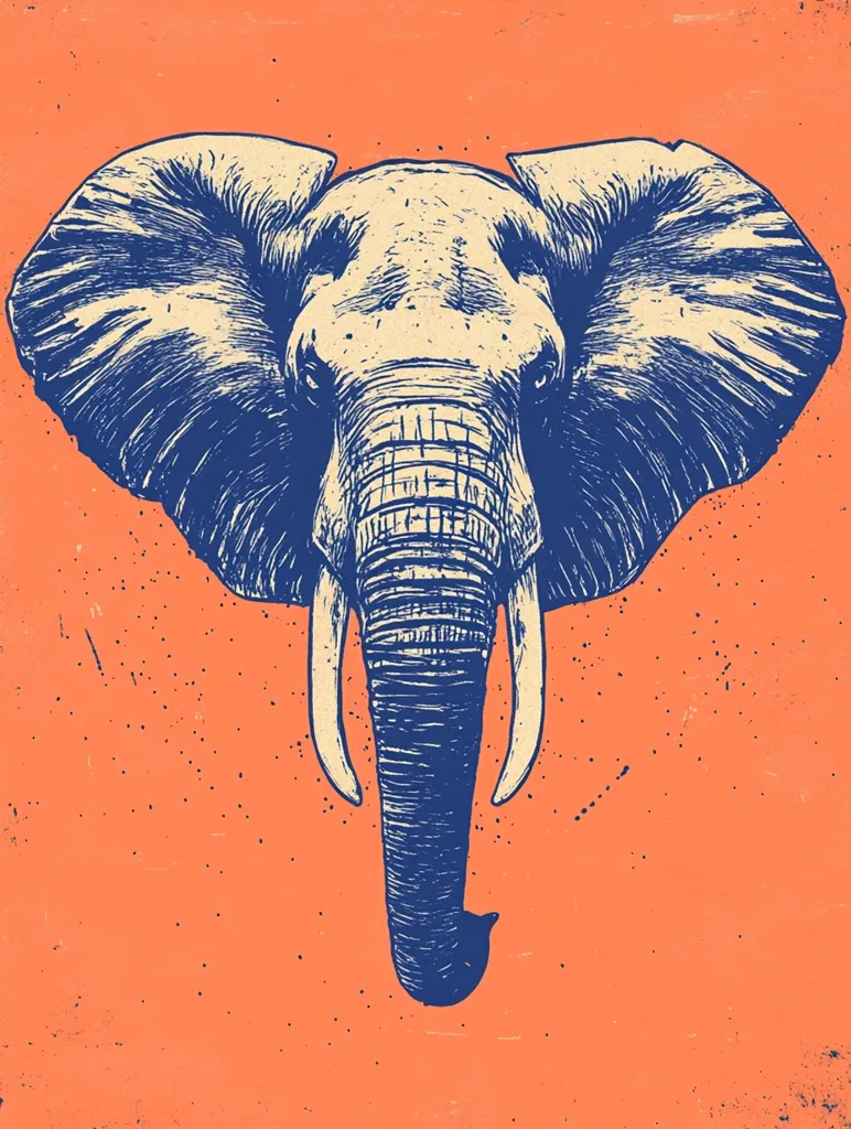 A stylized illustration of an elephant's head and trunk dominates the image.  Rendered in navy blue ink on a textured, coral-orange background, the artwork features detailed linework emphasizing the elephant's powerful features. The style evokes a vintage or retro feel, possibly a print or poster design. The background has a distressed, slightly grunge aesthetic complementing the detailed animal portrait.