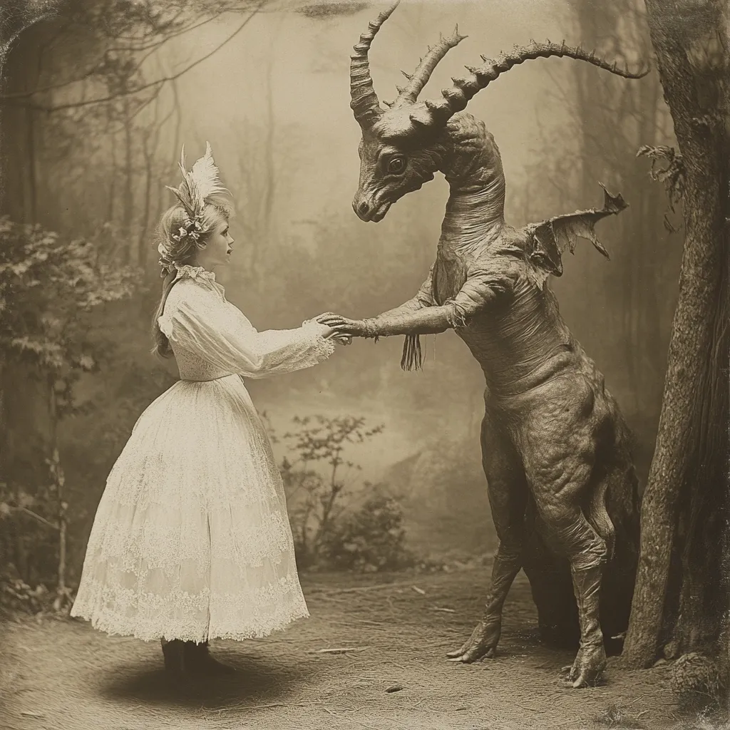 A sepia-toned photograph depicts a young girl in a white lace dress gently holding hands with a fantastical creature resembling a dragon or goat-like demon. The girl wears a feathered headdress, and the creature has large horns and leathery skin.  The scene is set in a misty woodland, creating an eerie, dreamlike atmosphere.  The image evokes a sense of fairytale mystery and the juxtaposition of innocence and otherworldliness.
