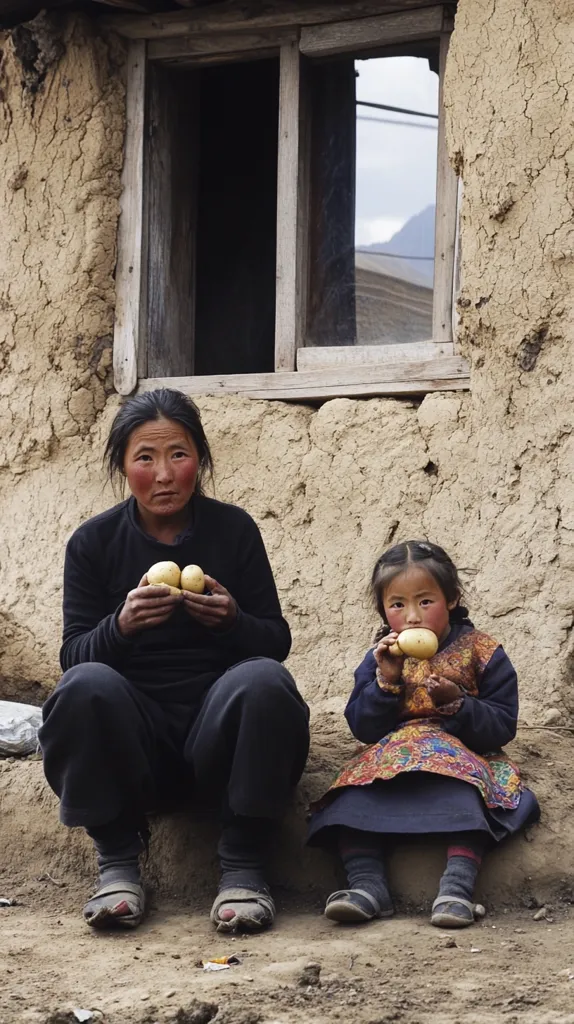 A woman and a young girl sit outside a mud-brick house.  The woman holds three potatoes, while the girl eats one. They are dressed in dark clothing, the girl's adorned with colorful embroidery.  The setting appears rural and impoverished, with a rustic window in the background.  The image conveys a sense of simple life and sustenance.