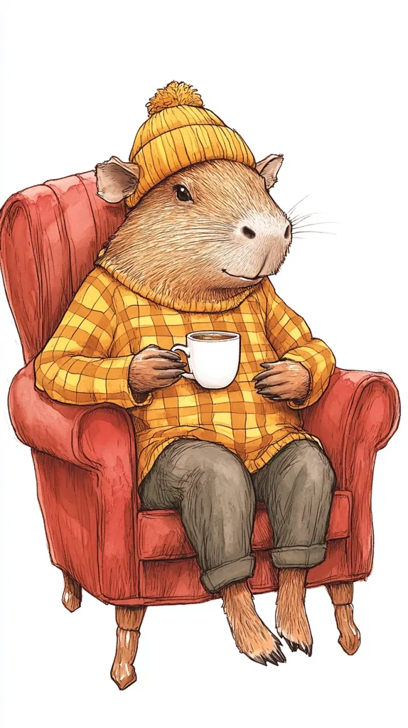 A capybara, wearing a yellow knit sweater and a matching beanie, sits comfortably in a red armchair.  It holds a warm beverage in a white mug, its paws gently resting on the arms of the chair. The illustration is detailed, showing the capybara's fur and the texture of the clothing and furniture. The overall scene evokes a feeling of cozy comfort.