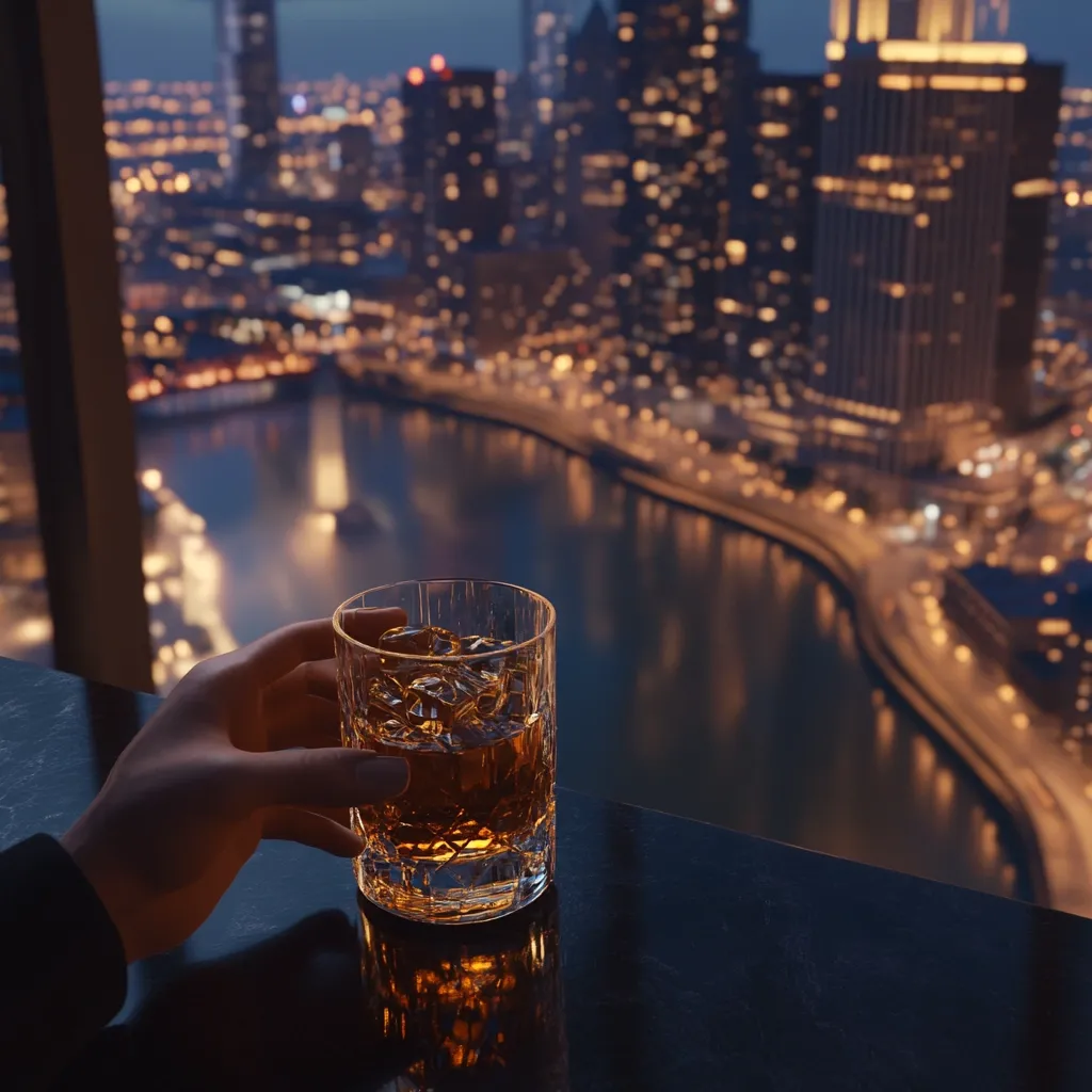 A hand holds a rocks glass of amber liquid, likely whiskey, with ice.  The glass rests on a dark surface overlooking a glittering cityscape at night.  The city lights twinkle across a river, creating a blurred, romantic backdrop. The scene evokes a feeling of sophisticated relaxation and urban elegance.