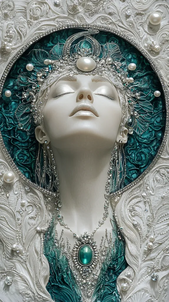 A regal female figure is depicted, adorned in an elaborate headdress and necklace.  The headdress, a crown of pearls and silver, is set against a teal backdrop.  She wears a shimmering teal gown, accented by a large, teardrop-shaped emerald pendant.  The overall effect is one of opulence and ethereal beauty, with intricate details in the clothing and background. The image is possibly a piece of art or a digitally enhanced photograph.