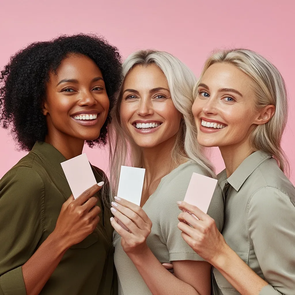 Three diverse women with radiant smiles stand close together against a pink background.  Each holds a small blank card, suggesting a product or service promotion.  The women represent different ethnicities and hair colors, showcasing inclusivity and beauty diversity. Their joyful expressions convey a sense of unity and confidence.