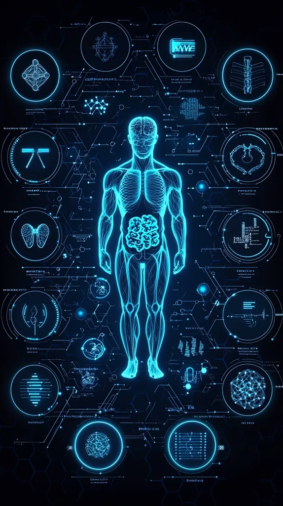 A glowing blue digital human body is centrally positioned against a dark background filled with interconnected glowing blue circles and lines, resembling a futuristic medical interface.  Each circle displays various anatomical sections or systems, including the brain, spine, and internal organs, overlaid with technological data streams and symbols. The overall impression is one of advanced medical technology and data visualization.