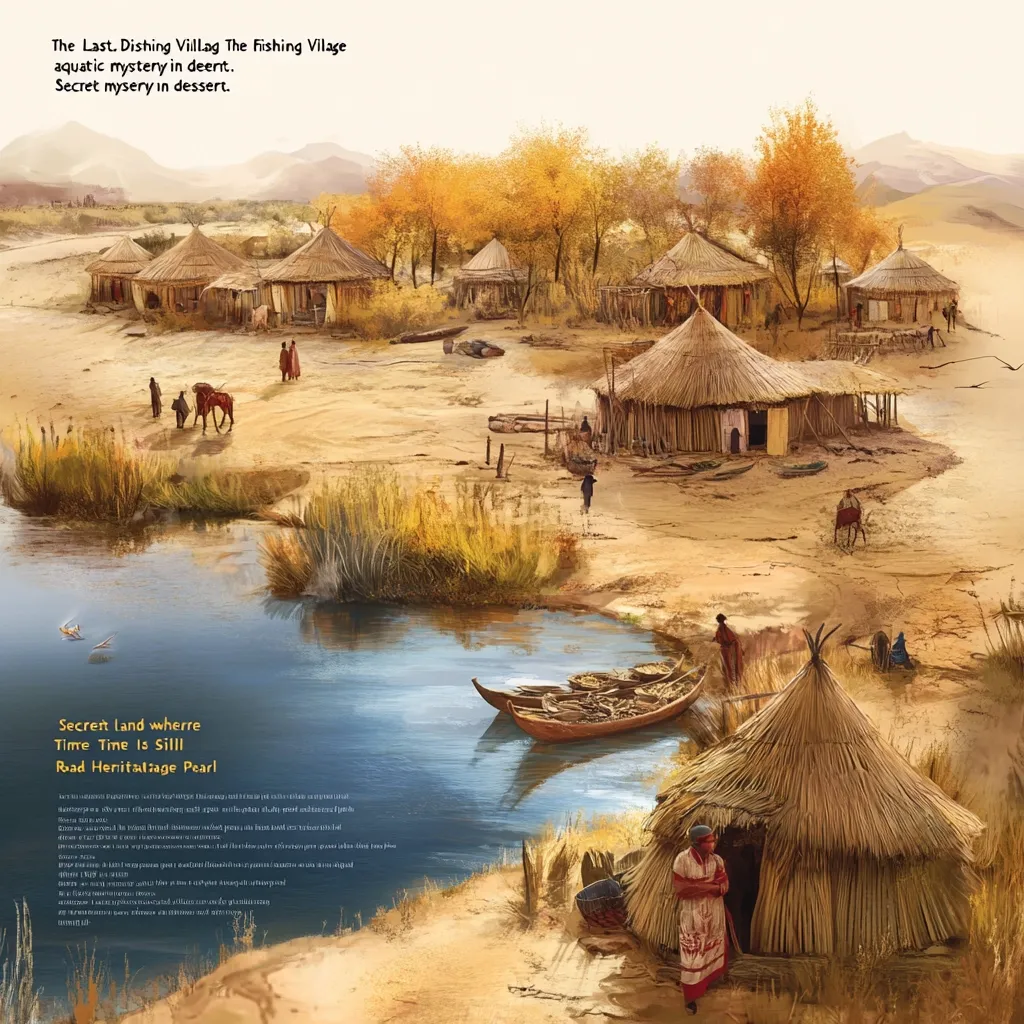 A painting depicts a serene fishing village nestled beside a calm river.  Numerous thatched huts dot the landscape, with villagers visible, engaging in daily life.  A boat laden with fish floats on the water.  The scene evokes a sense of tranquility and a connection to the past, suggesting a hidden or secluded community. The autumnal colors of the trees and dry landscape add to the overall atmosphere.