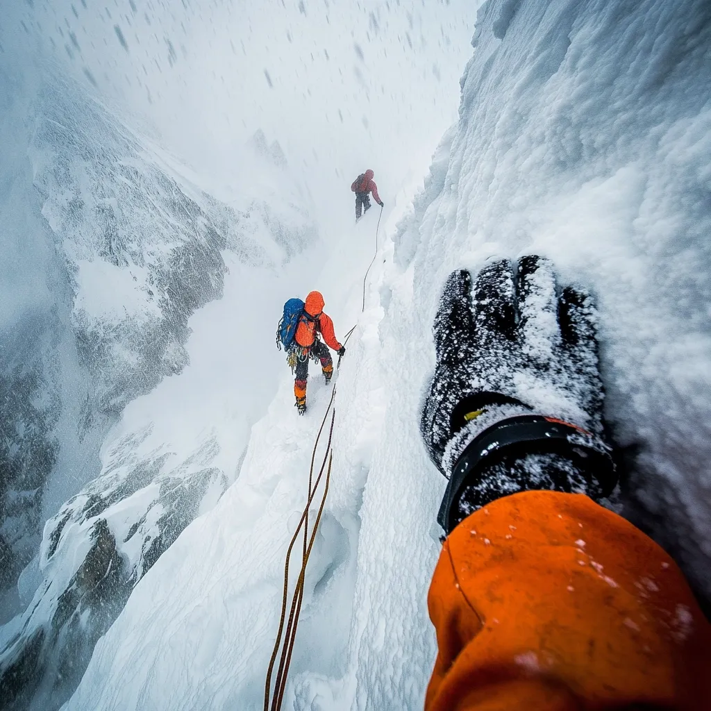 Two climbers ascend a snow-covered mountain ridge in a blizzard.  The image is taken from a first-person perspective, with a gloved hand in the foreground.  The climbers are roped together, navigating a narrow, exposed path.  The intense snow and wind create a dramatic and perilous scene.  The view emphasizes the challenging and risky nature of the climb.