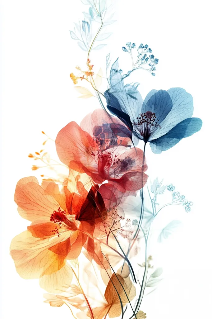 A stylized floral arrangement showcases translucent blooms in varying shades of orange, red, and blue.  The flowers, rendered with a delicate, almost ethereal quality, appear to be x-rayed, revealing their intricate internal structures.  Delicate stems and leaves complete the composition, creating a visually striking and artistic representation of nature.  The image is set against a stark white background.