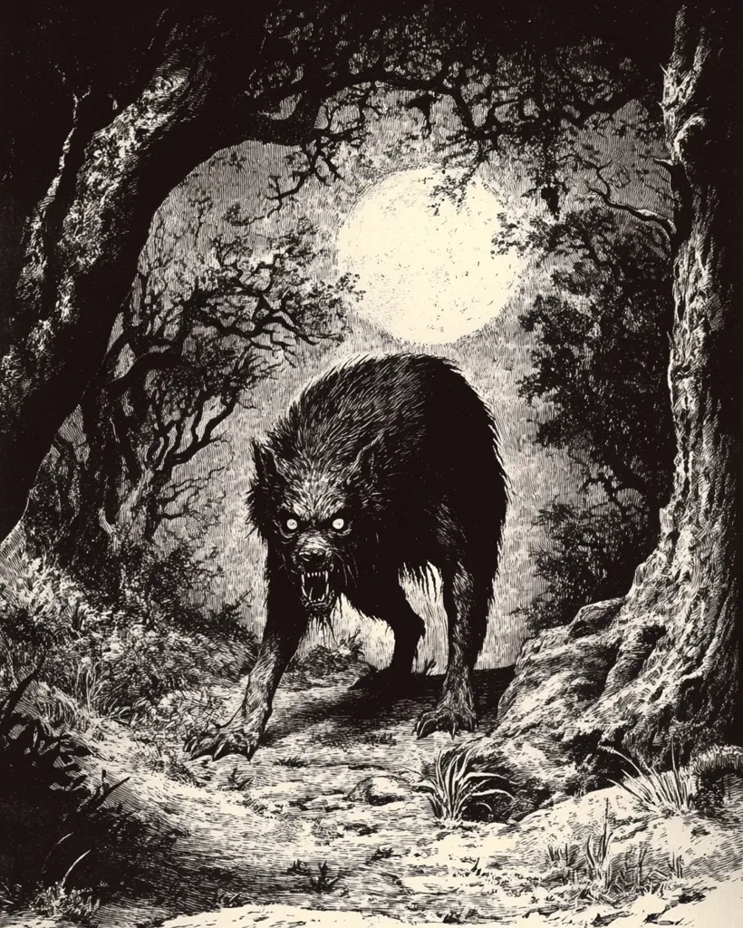 A menacing, lupine creature dominates a moonlit forest path.  Rendered in stark black and white, the werewolf-like beast's sharp teeth and intense gaze create a chilling atmosphere.  Towering trees frame the scene, their gnarled branches reaching towards the large, pale moon hanging high in the night sky.  The overall effect is one of gothic horror and suspense.