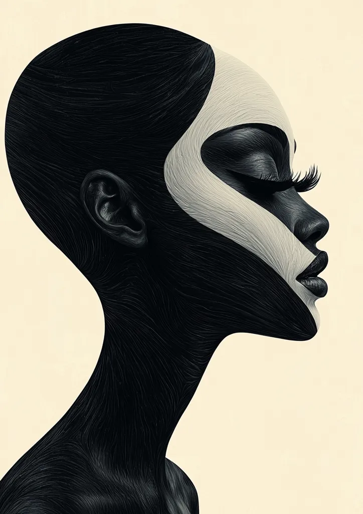 A stylized portrait of a woman's profile, rendered in black and white.  Her face is partially painted in off-white, contrasting with the dark, textured strokes that define her hair and skin. The overall effect is one of elegant minimalism and striking contrast, emphasizing form and texture. The image suggests a sense of calm and poise.