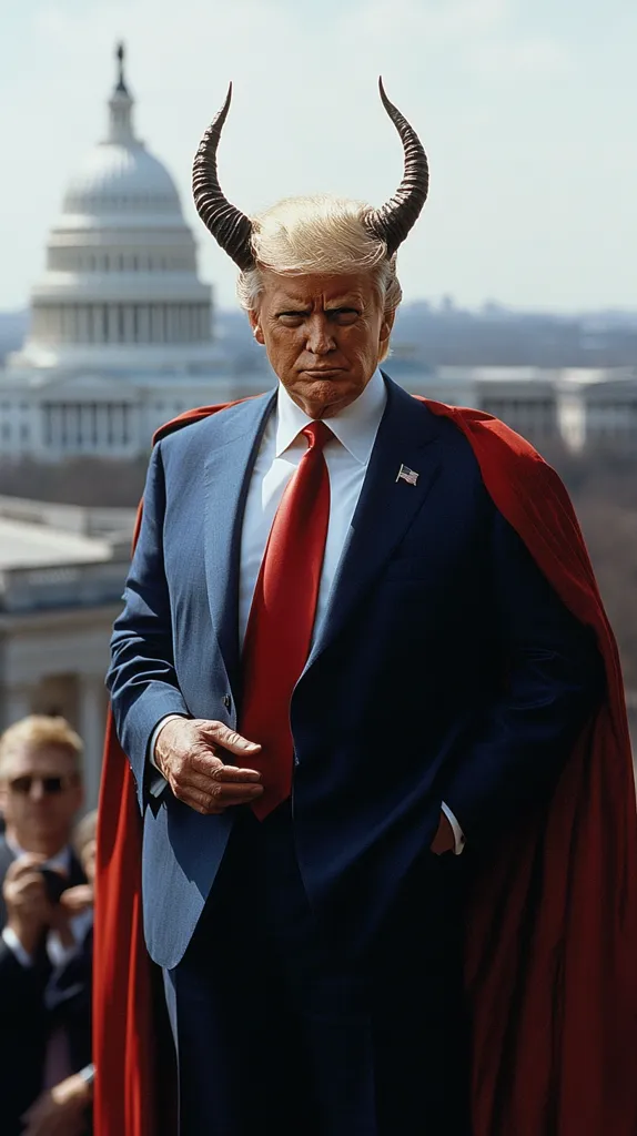 The image shows Donald Trump in a dark blue suit and red tie, wearing devil horns and a red cape.  He stands before the US Capitol building.  The photo is likely a satirical or political commentary, juxtaposing Trump's image with symbols of evil and power. A blurred figure in the background appears to be taking a photograph.
