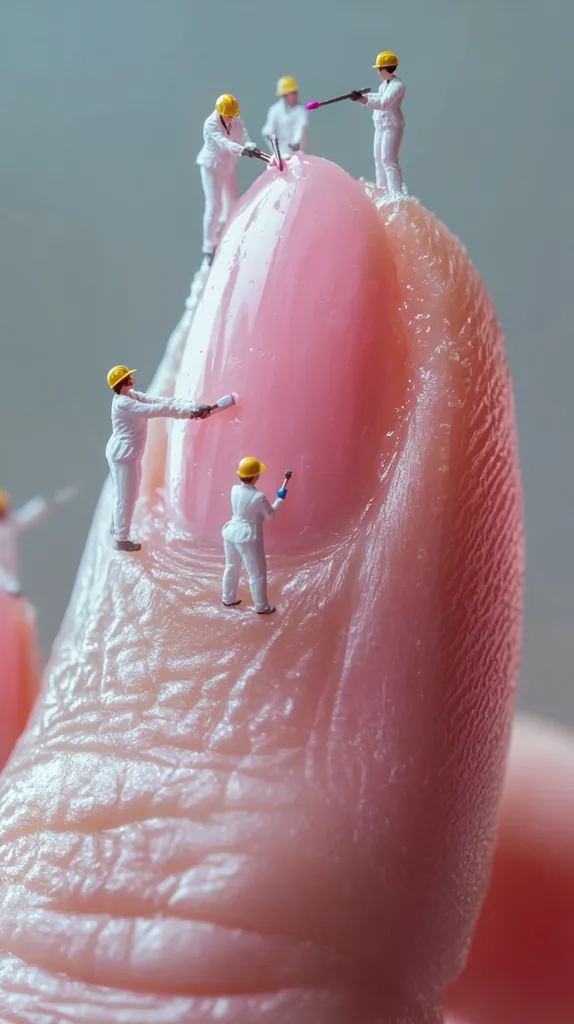 Miniature figures of workers in white suits and yellow hard hats are meticulously painting a large fingertip.  They use small brushes and tools, working collaboratively on the pink surface.  The image creates a striking contrast between the scale of the workers and the immense size of the finger, emphasizing the detail and precision of their task.