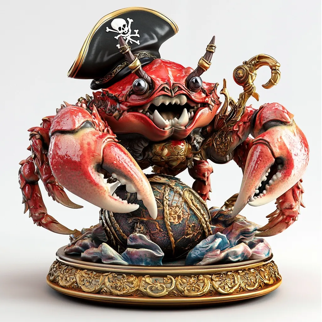 A meticulously detailed figurine depicts a crab pirate captain.  The crab, vibrant red with gold accents, wears a black tricorn hat adorned with a skull and crossbones.  It clutches a globe, resting on an ornate, golden base.  The creature's expression is mischievous and charming, combining realistic crab anatomy with fantastical pirate attire.  The overall effect is a captivating blend of realism and fantasy.