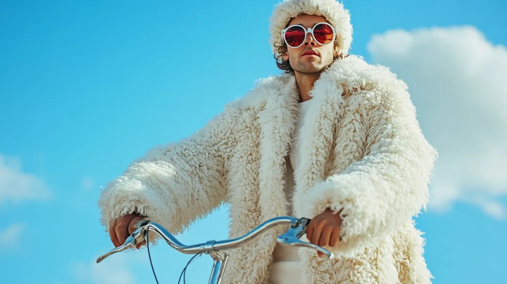 A man in a fluffy white coat and a white hat, wearing red-tinted sunglasses, sits on a bicycle against a bright blue sky with fluffy white clouds.  The image is stylish and evokes a feeling of carefree coolness.  The contrast between the man's warm clothing and the clear sky is striking.