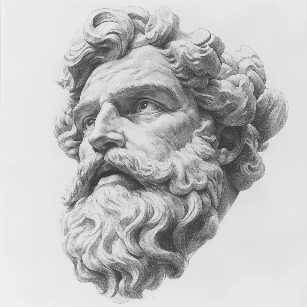 A detailed pencil sketch depicts a classical bust of a bearded man.  His hair is styled in thick, wavy curls, framing a strong face with intense eyes.  The beard is equally voluminous and textured, rendered with meticulous shading to create depth and form. The overall style is realistic and emphasizes the chiseled features reminiscent of ancient sculptures.