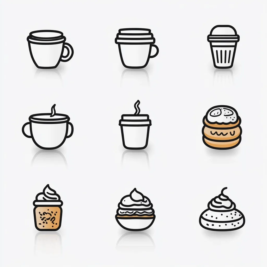 A set of nine hand-drawn icons depicting various hot beverages and desserts.  Included are mugs, disposable coffee cups, a takeaway container, and pastries with whipped cream. The style is simple, line-art with subtle color accents, suitable for a cafe menu or branding.  Each icon has a reflective shadow.