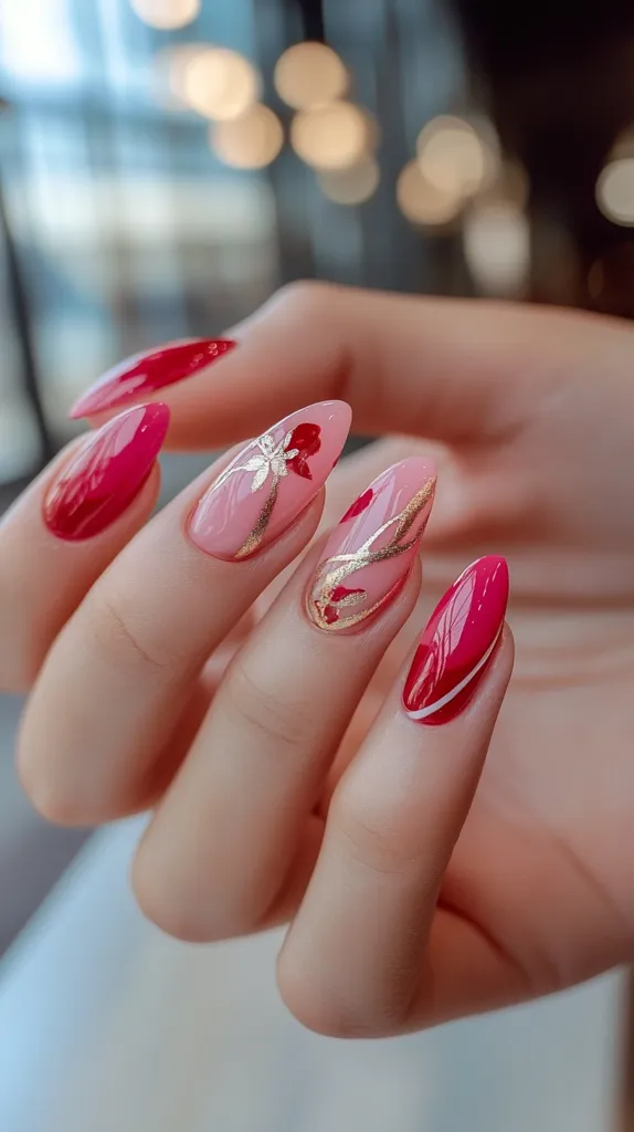 A close-up shot showcases a hand adorned with elegantly designed nails.  The nails are shaped into a stylish point, with a combination of pink and red hues.  Some nails feature delicate gold accents and small floral designs, creating a sophisticated and romantic look. The overall effect is a charming and modern manicure.