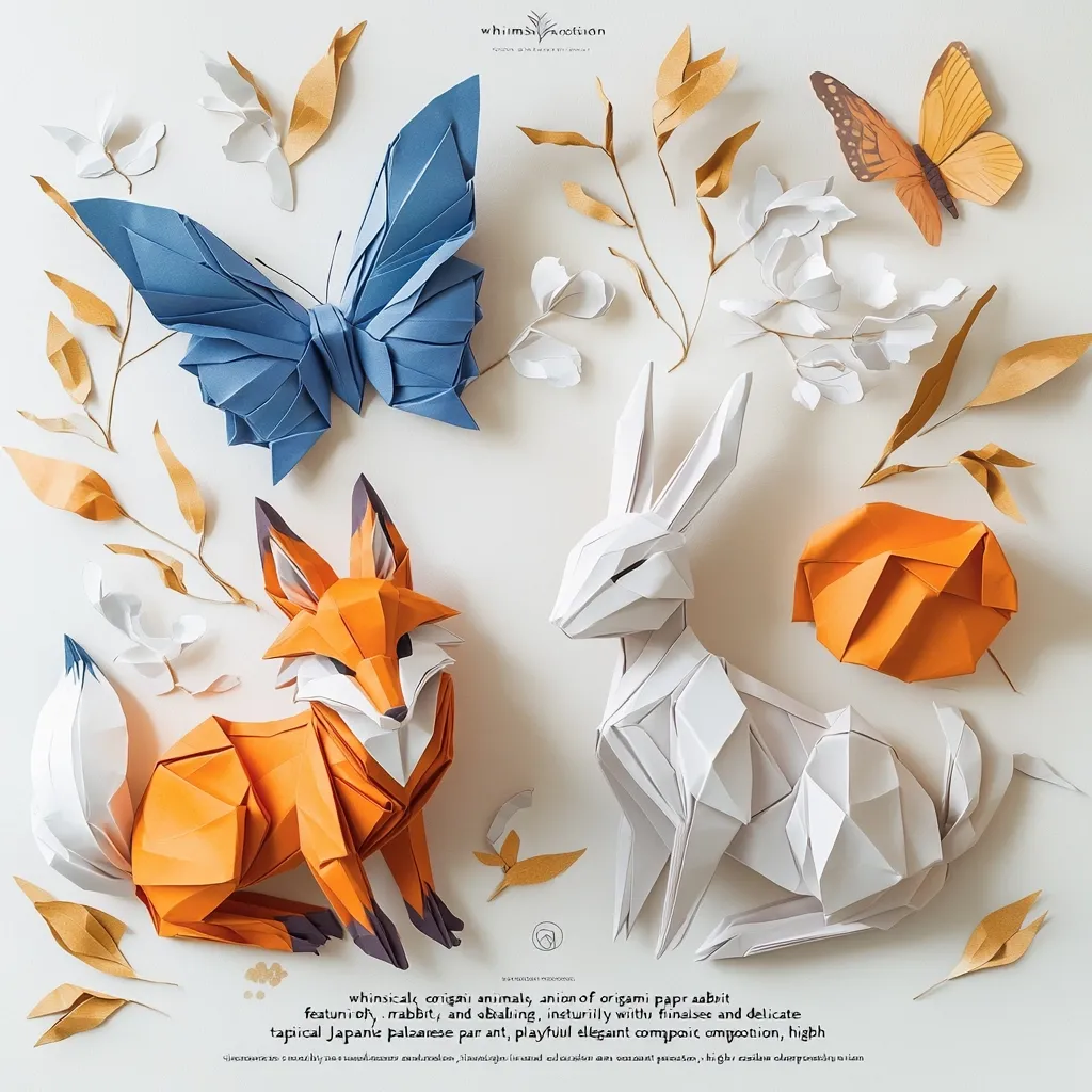 An overhead shot showcases intricate origami animals: a fox, rabbit, and butterfly, artfully arranged with paper leaves and flowers.  The vibrant colors and delicate folds highlight the whimsical nature of the Japanese paper art. The composition is elegant and playful, demonstrating a high level of skill and attention to detail.
