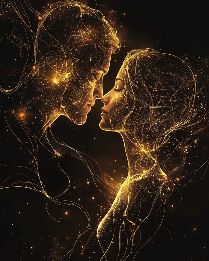A digital artwork depicts a couple embracing in a passionate kiss.  Their forms are composed of shimmering gold particles and swirling lines, resembling stardust or celestial energy.  The dark background accentuates the luminous figures, creating a romantic and ethereal atmosphere. The image evokes feelings of love, unity, and cosmic connection.