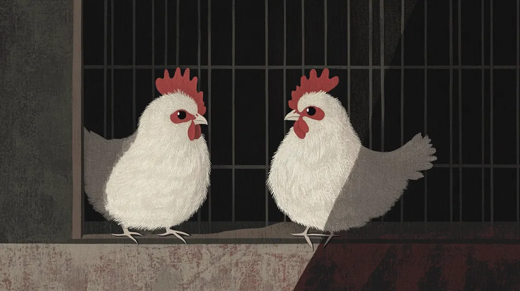 Two fluffy white hens with red combs are perched side-by-side inside a dark cage.  They face each other, appearing to converse. The setting is dimly lit, casting shadows on the textured stone wall behind the cage.  The illustration has a muted, somewhat melancholic tone.