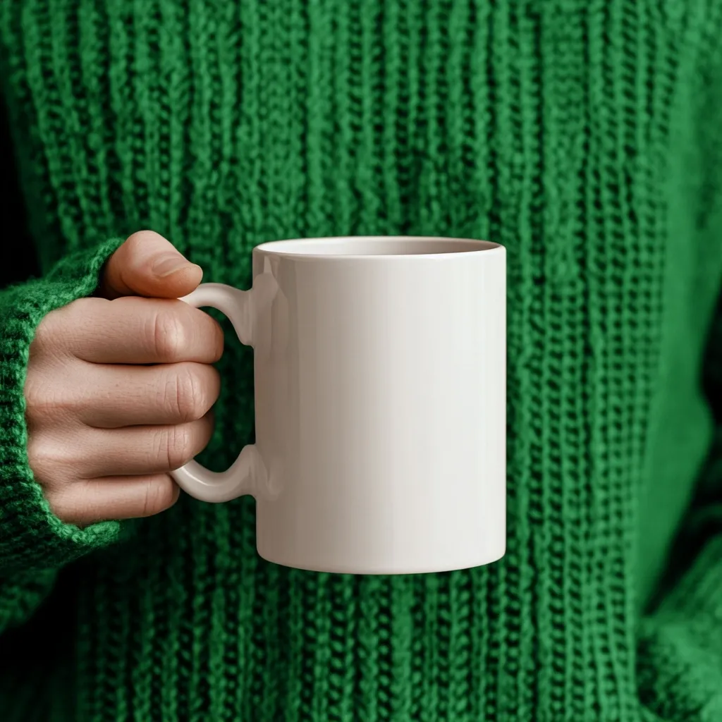 Close-up of a hand in a green knitted sweater holding a blank white mug. The mug is positioned in the center, against the textured sweater. The image is simple and focuses on the mug as a blank canvas for design or branding.  The overall feel is cozy and inviting.