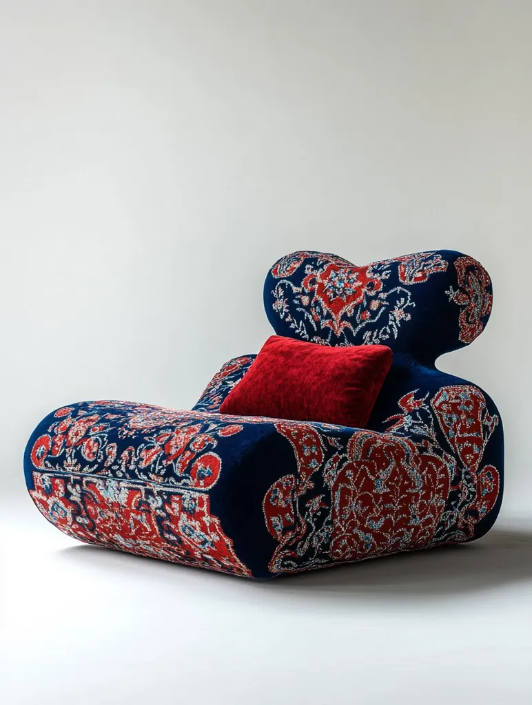 A modern armchair upholstered in a rich navy blue fabric adorned with a vibrant red and cream paisley pattern, reminiscent of a traditional carpet.  The chair features a unique, organic form with rounded cushions and a plush, solid red throw pillow. The overall design blends contemporary styling with an antique aesthetic.