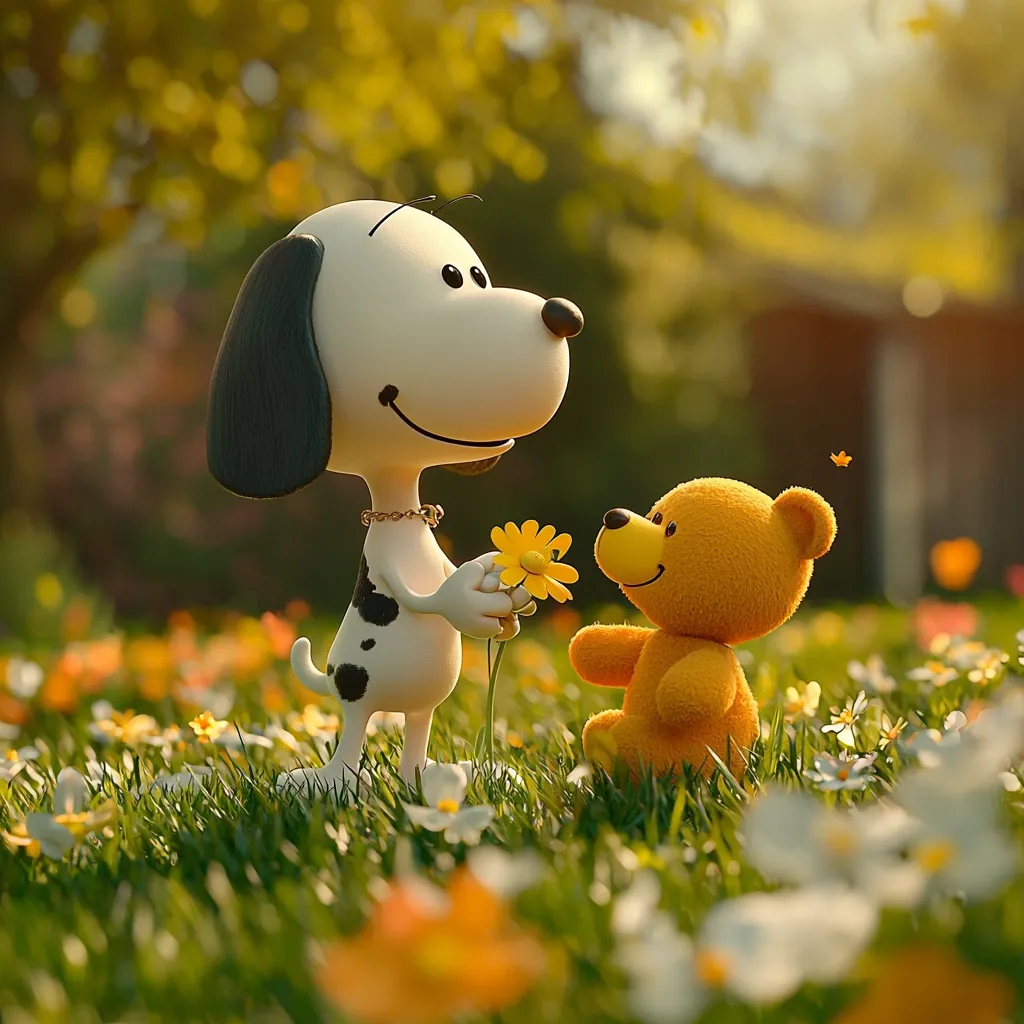 A charming 3D rendering depicts Snoopy, the beloved beagle, presenting a yellow flower to a cute teddy bear.  They stand amidst a vibrant field of wildflowers, bathed in warm, golden sunlight.  Snoopy's playful expression and the bear's gentle demeanor create a heartwarming scene of friendship and affection in a picturesque setting. The overall mood is sweet and innocent.