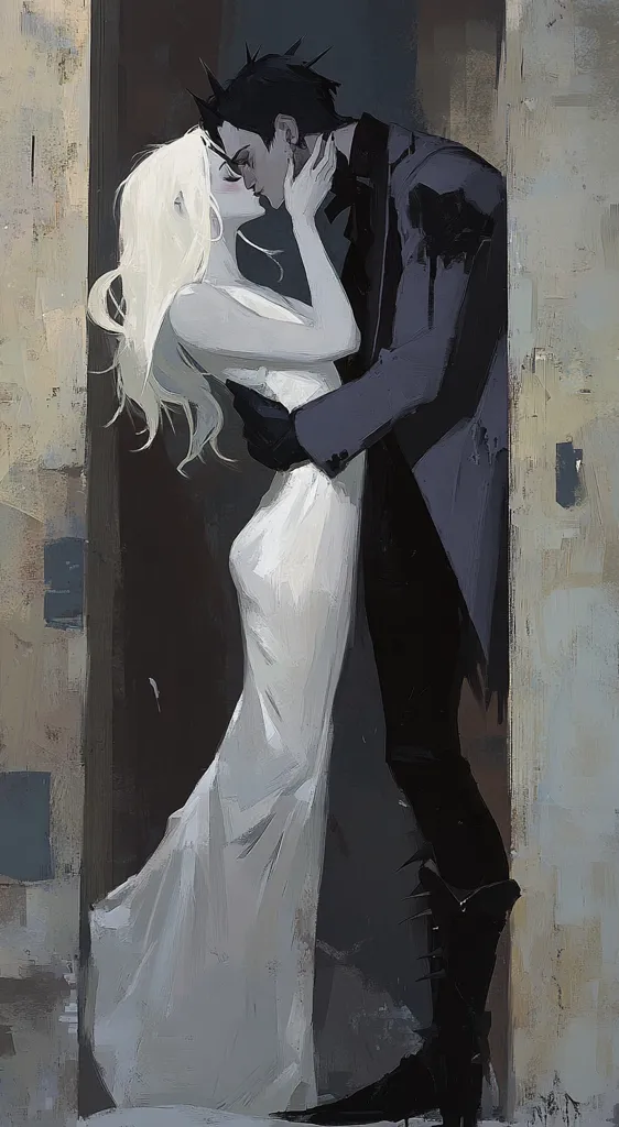 A painting depicts a passionate embrace between a man and a woman in a doorway. The woman, in a flowing white gown, leans back into the man's dark suit. His spiky hair and dark attire contrast sharply with her soft, light dress. The monochromatic palette and painterly style create a moody and intimate atmosphere, suggesting a clandestine or secretive moment. The setting, a dimly lit doorway, adds to the sense of mystery.