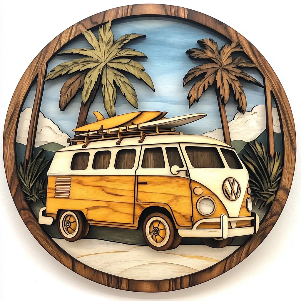 A circular wooden wall art piece depicts a vintage Volkswagen bus parked on a beach under palm trees.  The bus is yellow and white, with surfboards strapped to its roof rack.  The scene is intricately carved in layers, creating a three-dimensional effect.  The background features a stylized beach scene with mountains and a light blue sky. The piece has a warm, rustic feel.