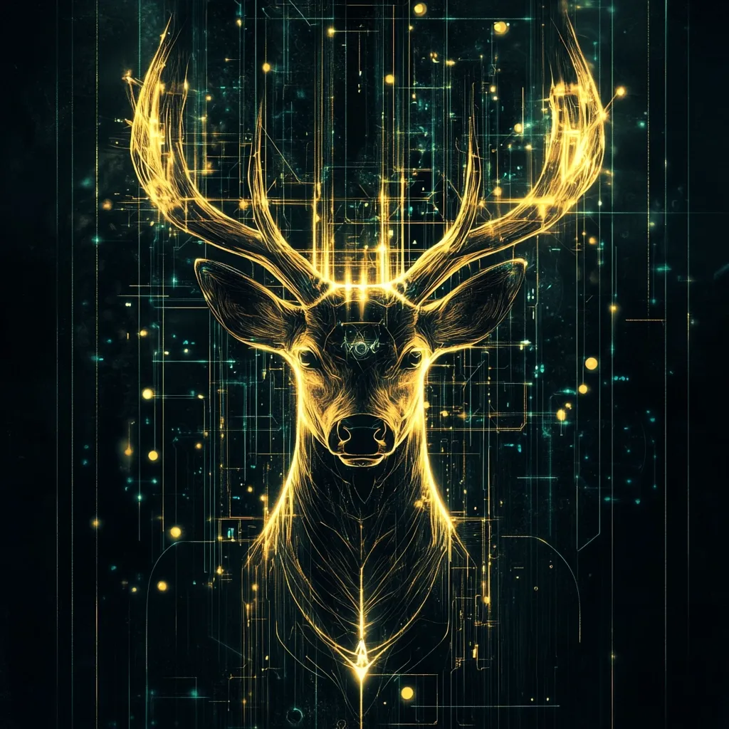 A stylized digital portrait of a deer's head and antlers, rendered in glowing gold and teal lines against a dark background.  The image evokes a sense of technological artistry, with circuit-like patterns interwoven with the deer's form, creating a futuristic and mystical aesthetic.  The deer's gaze is direct and commanding, enhancing its symbolic presence.