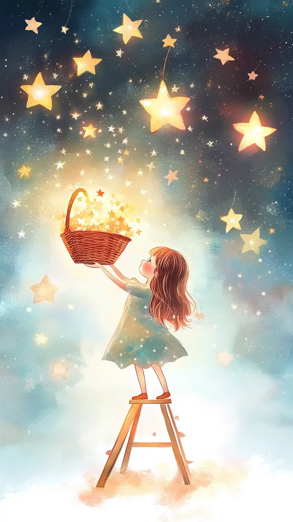 A whimsical illustration depicts a girl standing on a small wooden stool, reaching up to hold a basket overflowing with glowing stars.  She is surrounded by a dreamy night sky filled with twinkling stars, some seemingly connected by delicate strings. The scene evokes a sense of wonder and magic, capturing a childlike innocence and the beauty of dreams.