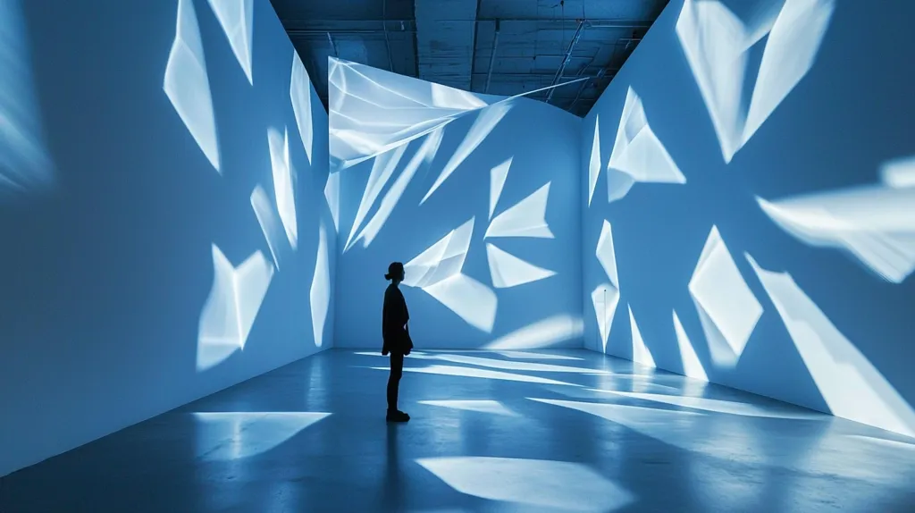 A solitary figure stands silhouetted in a minimalist room bathed in ethereal blue light.  Geometric shadows, cast from unseen sources, dance across the walls and floor, creating an immersive, almost crystalline atmosphere. The scene evokes a sense of tranquility and introspection, highlighting the interplay of light and shadow within a stark, modern space.