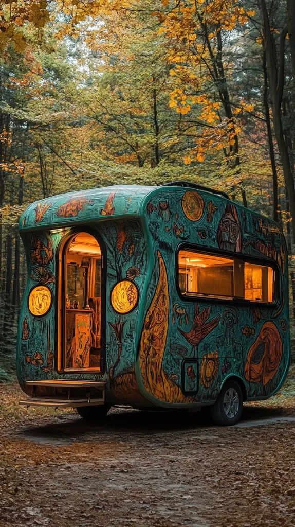 A teal campervan, adorned with intricate, whimsical artwork depicting nature and mythical creatures, sits in a forest bathed in the warm hues of autumn.  The interior glows warmly, hinting at a cozy and inviting space.  The vibrant artwork contrasts beautifully with the earthy tones of the surrounding foliage, creating a magical and enchanting scene. The campervan's unique design and setting suggest a journey of adventure and exploration.