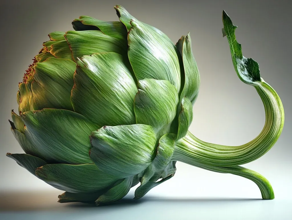 A vibrant green artichoke, captured in a close-up studio shot, rests on a light gray surface.  Its tightly packed, overlapping leaves showcase a subtle textural variation, highlighted by soft, diffused lighting. The long, curving stem adds to the artichoke's elegant form, creating a visually appealing composition. The overall image emphasizes the artichoke's natural beauty and organic form.