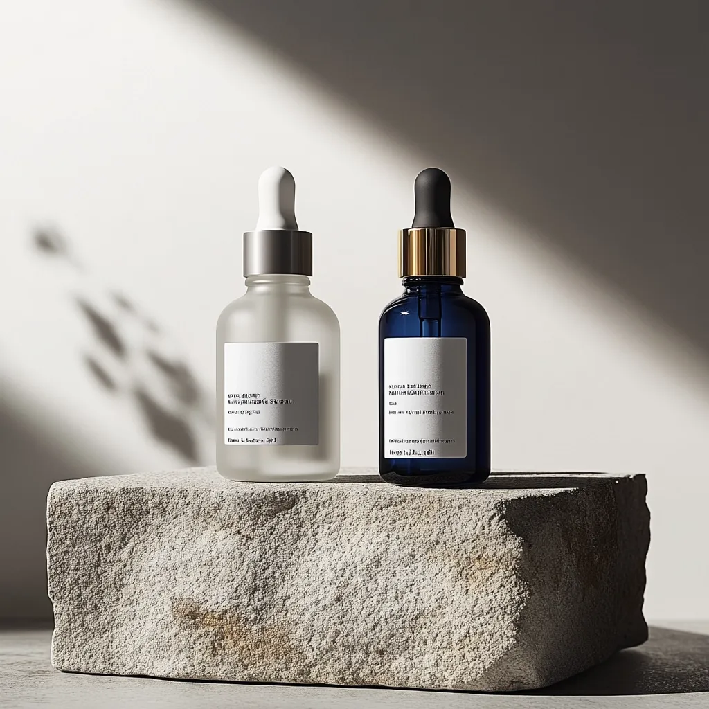 Two minimalist skincare bottles, one frosted glass and one dark blue, sit on a light grey stone block.  Both are dropper bottles with simple, elegant labels featuring text in a foreign language.  Soft, natural light casts shadows, enhancing the clean aesthetic of the product display. The image emphasizes a sense of calm and sophistication.