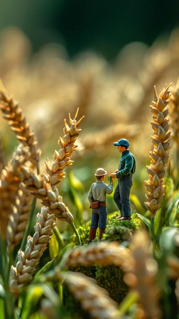 Two miniature figures of farmers stand amidst a field of ripe wheat.  One farmer, taller, appears to be showing something to a younger farmer.  The scene is bathed in warm, golden light, emphasizing the ripe wheat and the farmers' interaction in this charming, miniature world. The focus is sharply on the figures, contrasting with the soft-focus background of the wheat field.