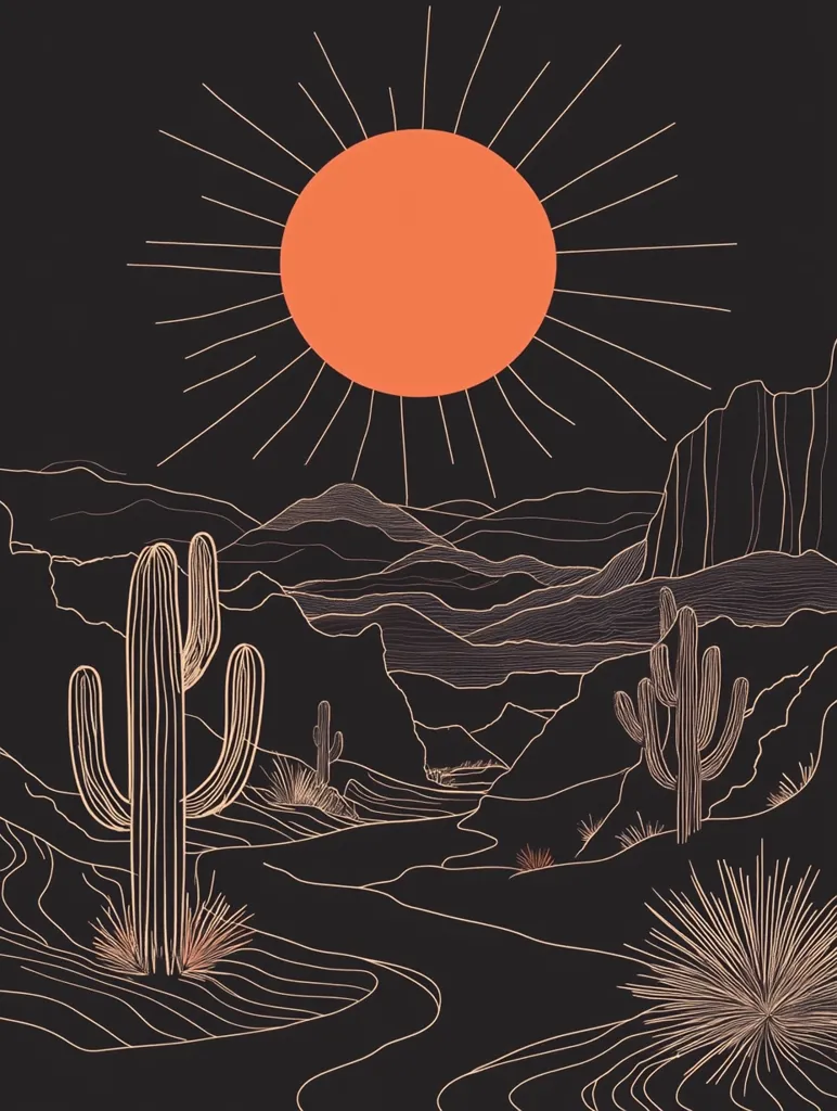 A minimalist desert landscape is depicted in a dark color palette.  A large, stylized orange sun dominates the upper portion, radiating light.  Linear outlines form cacti, rolling hills, and a winding valley floor.  The overall aesthetic is clean, modern, and evokes a sense of serene solitude in the desert.