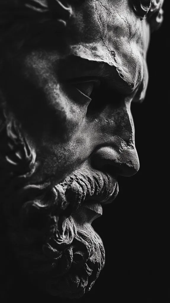 A black and white close-up captures the weathered profile of a classical statue's head.  The focus is on the detailed texture of the stone, showing the wear and tear of time. The subject's furrowed brow, strong nose, and thick beard convey a sense of age and gravitas. The dark background isolates the figure, emphasizing the sculptural detail and the passage of time etched into the stone.