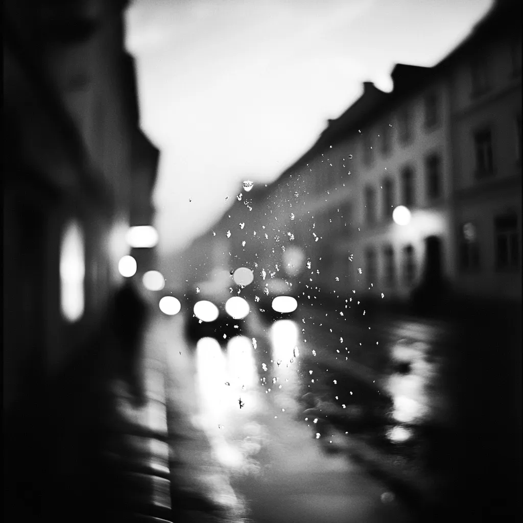 A black and white, out-of-focus photograph shows a rain-covered window.  Blurred city streetlights and buildings are visible through the droplets.  The overall mood is somber and atmospheric, emphasizing the textures of the rain and the indistinct forms of the urban landscape beyond. The image evokes a feeling of isolation or introspection.