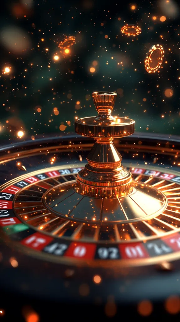 A close-up view of a roulette wheel, its golden central spindle gleaming under sparkling lights.  Chips appear to float in the air, creating a dynamic and luxurious atmosphere.  The dark background enhances the vibrant colors of the wheel and the warm glow of the lighting, suggesting excitement and the thrill of the game.  The image evokes the feeling of a high-stakes casino environment.