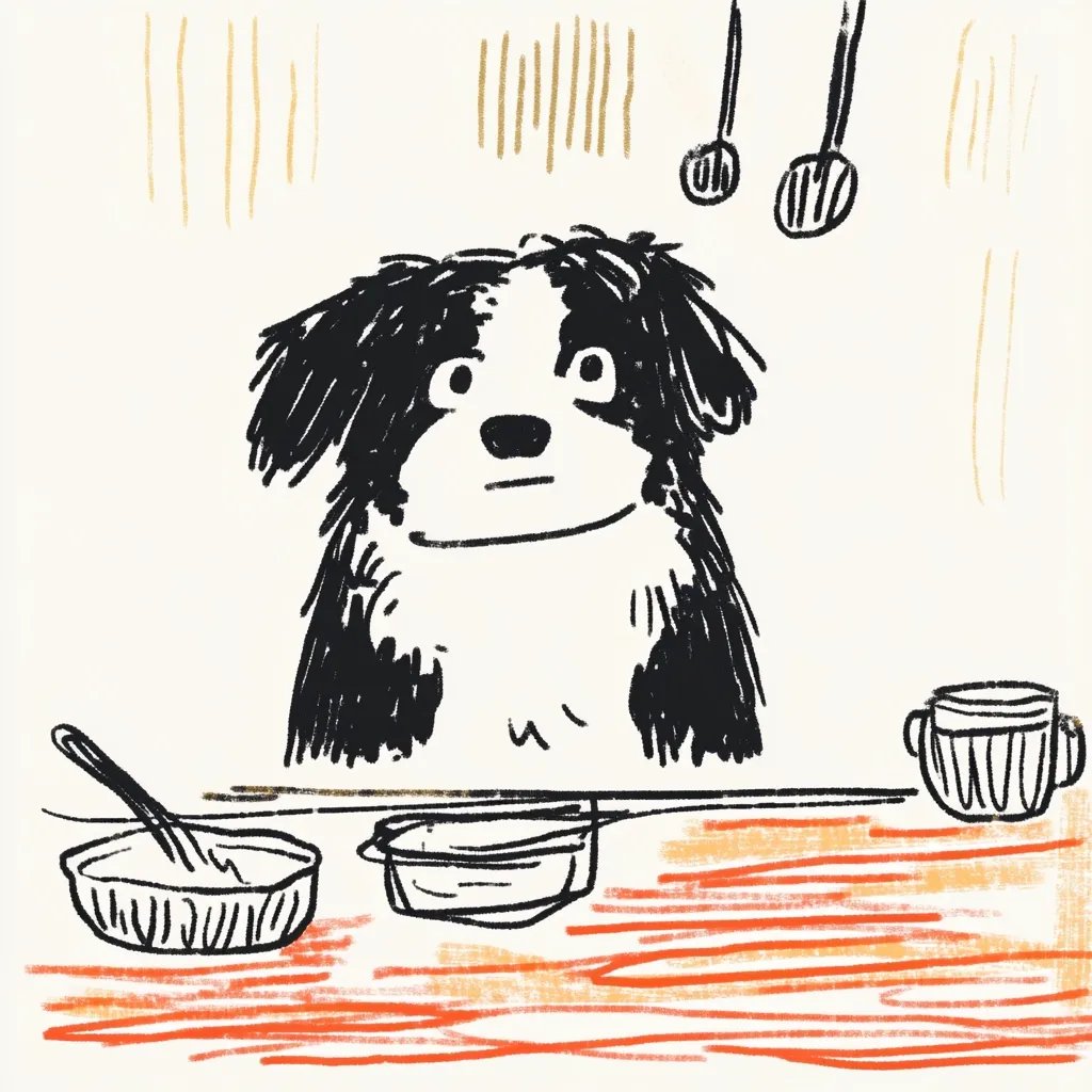 A charming hand-drawn illustration depicts a black and white dog patiently watching from a kitchen counter.  Two bowls, a spoon, and a mug sit on the counter, suggesting preparation of food.  The dog's expression is one of quiet observation, its large eyes fixed on the scene.  The drawing style is loose and expressive, with visible texture in the lines and background.  Hanging above are two cooking utensils.
