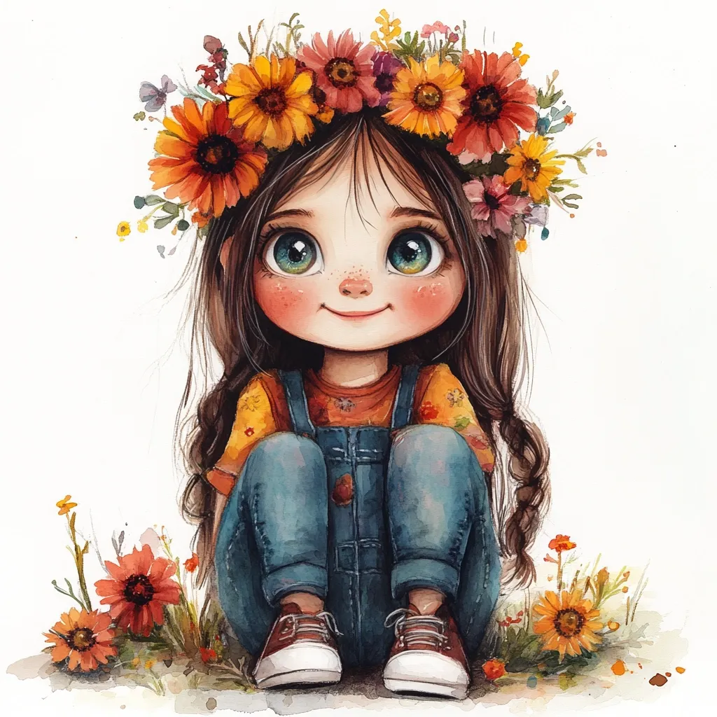 A charming watercolor illustration depicts a cute girl with large, expressive eyes. She's adorned with a vibrant flower crown of oranges and reds, and wears denim overalls.  Her long brown hair is styled in braids, framing her rosy cheeks and sweet smile. She sits amidst wildflowers, creating a cheerful and whimsical scene.  The overall style is soft and evocative, capturing a sense of youthful innocence.