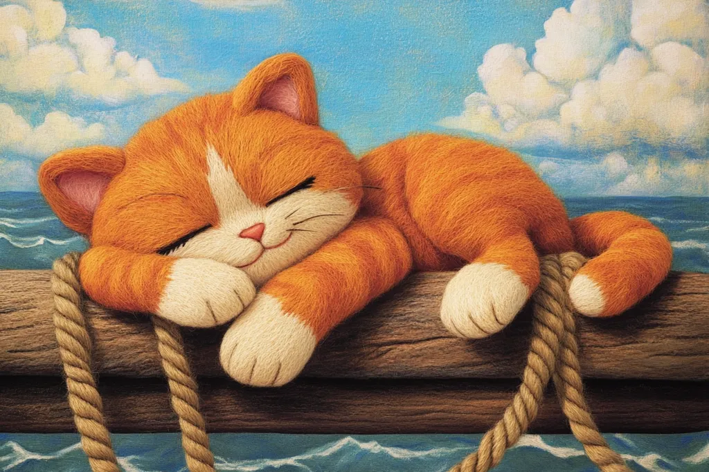 A fluffy orange cat, seemingly made of yarn, sleeps peacefully on a weathered wooden beam by the sea.  Its paws are tucked beneath its head, and its tail drapes over the side.  A thick rope is wound around the beam, adding to the nautical scene.  The background depicts a tranquil blue sky with fluffy white clouds and gently rolling waves. The overall style is whimsical and charming.