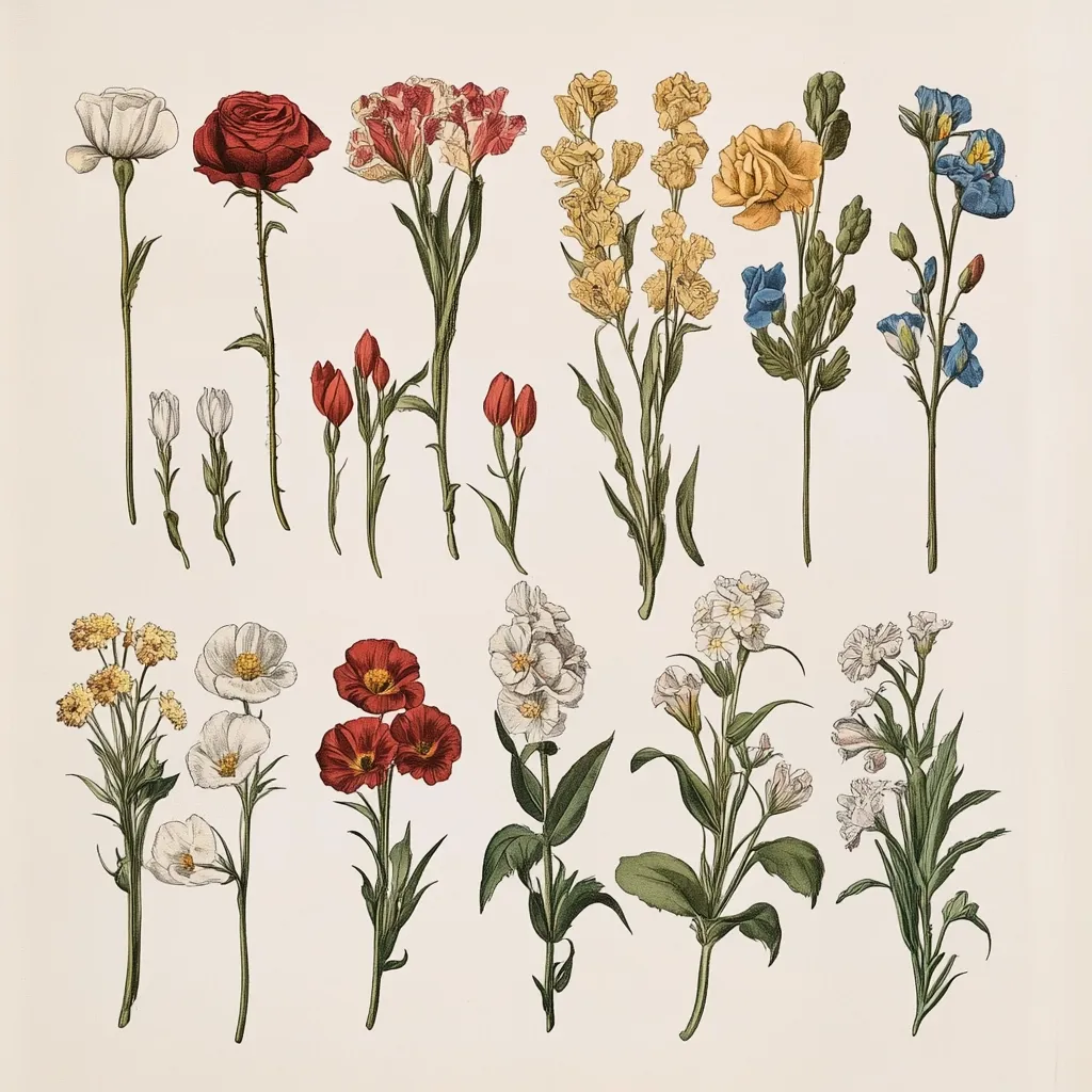 A botanical illustration showcases a diverse array of flowers.  Depicted are roses, carnations,  various wildflowers in shades of red, yellow, white, and blue.  The flowers are meticulously rendered, showcasing details of petals, leaves, and stems.  The arrangement is organized, presenting each bloom individually against a neutral background, creating a visually appealing and informative chart.  The style suggests a vintage botanical print.