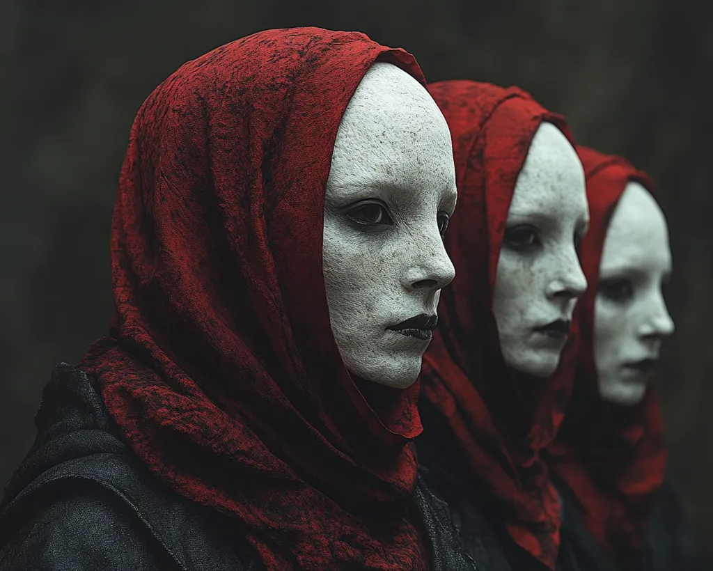 Three figures, cloaked in dark red fabric, stand in a row. Their faces are painted white, creating a pale, unsettling contrast with the deep red of their hoods.  Their expressions are somber and intense, creating a mysterious and slightly disturbing image. The dark background enhances the overall mood of the piece.
