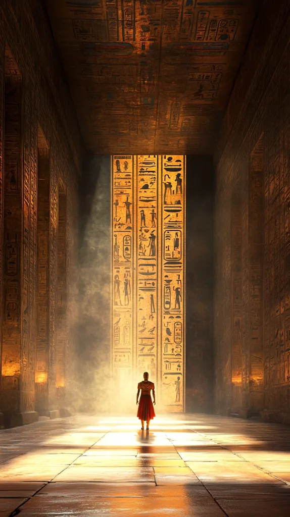 A lone figure in a red dress stands in the center of a grand, ancient Egyptian-style hall.  Tall, intricately carved pillars line the walls, covered in hieroglyphs.  A soft, golden light illuminates the scene, creating a mystical atmosphere. The hall's depth is emphasized by the diminishing perspective, leading the eye to the far end where the light seems to emanate from.  The image evokes a sense of history, mystery, and exploration.