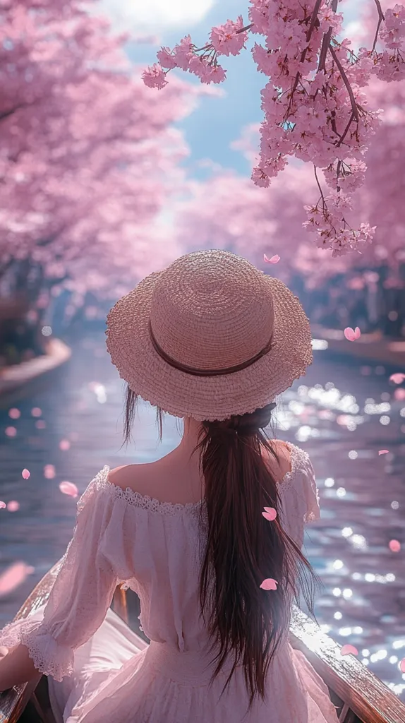 A woman with long brown hair, wearing a straw hat and a light pink off-the-shoulder dress, sits in a boat on a calm waterway.  Pink cherry blossoms fall around her, creating a dreamy, romantic atmosphere.  The scene is bathed in soft, pastel light, emphasizing the serene beauty of the moment.  The background features lush, blossoming cherry trees.