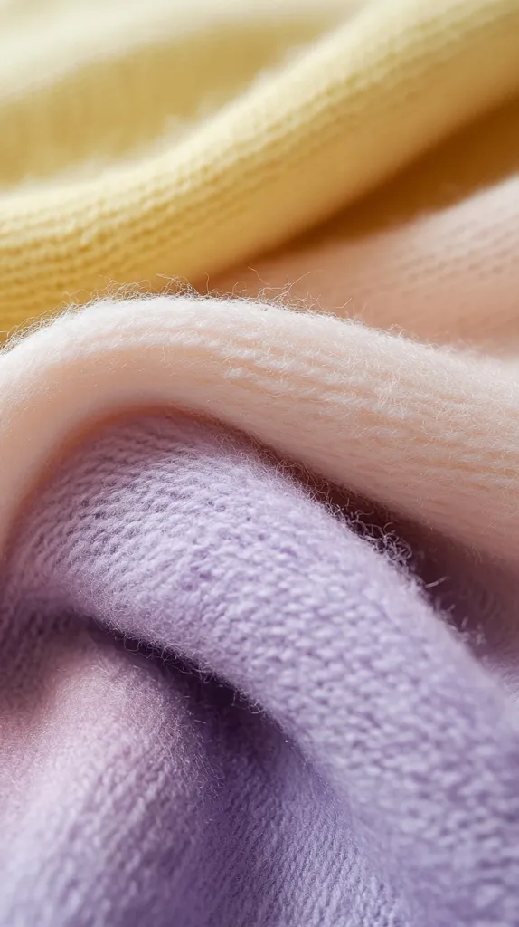 Close-up of soft, pastel-colored fabric.  Layers of pale yellow, light pink, and lavender create a gradient effect. The texture is fluffy and knit, suggesting a sweater or other garment made from a comfortable material. The image focuses on the soft, subtle color transitions and the plush feel of the fabric.