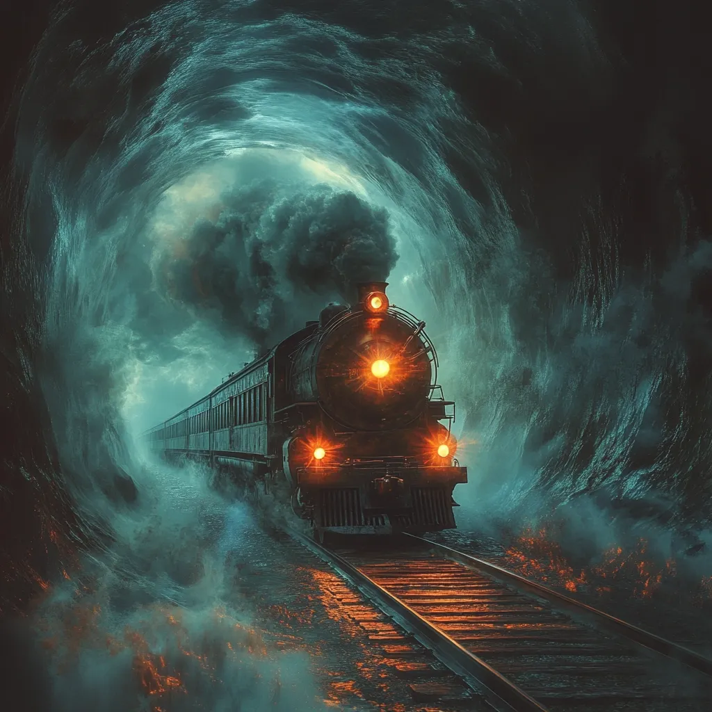 A steam locomotive, its headlight glowing brightly, travels through a dark, swirling tunnel resembling a massive, churning ocean wave.  Smoke billows from its stack, adding to the ominous atmosphere.  The track ahead is dimly lit, with hints of fiery embers along the sides, creating a dramatic and surreal scene. The overall feeling is one of mystery and impending danger.
