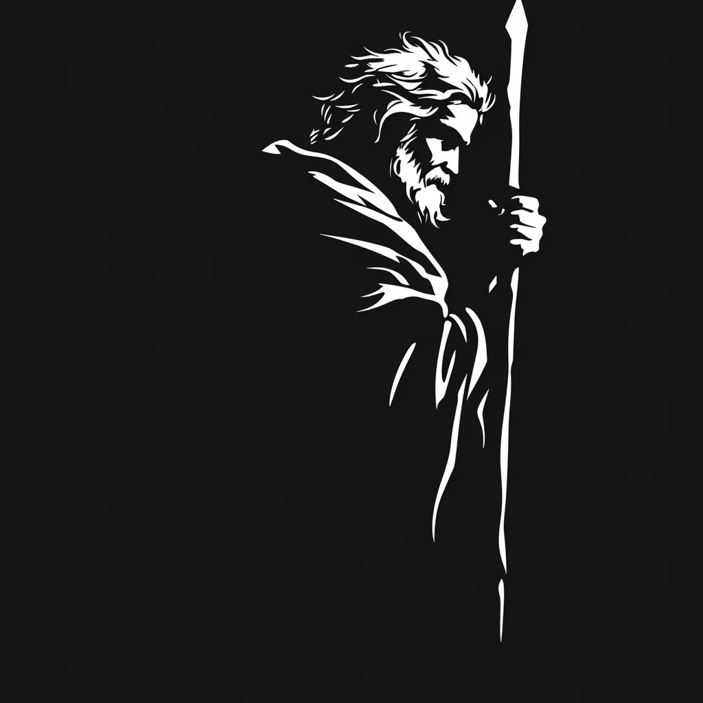 A stylized, monochrome illustration depicts a long-haired, bearded man in a robe, holding a spear.  The figure is presented in stark white against a black background, creating a strong contrast. The style is reminiscent of a woodcut or linocut print, with bold lines and simplified forms. The man's pose suggests contemplation or solemnity. The overall effect is dramatic and powerful.